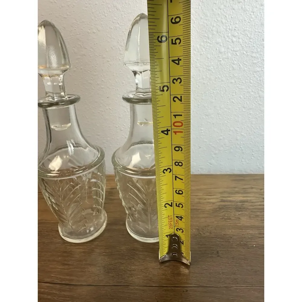 MCM Pair vintage leaf Janette glass decanters with stoppers 10” tall